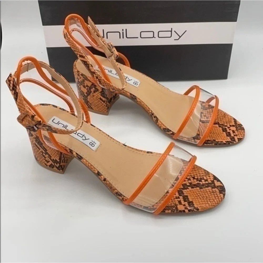 UNILADY Neon Orange Snake Ada block heel sandals